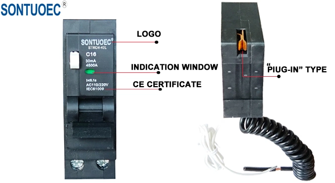 6ka 1p+N Plug in Type RCBO Black Color Circuit Breaker IEC61009.1 Standard