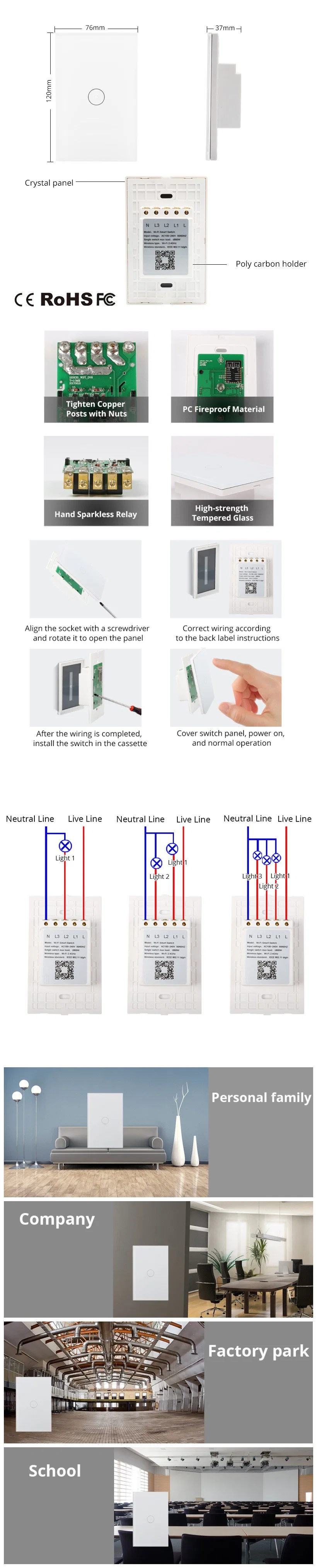 Glass Panel Mobile APP Remote Control WiFi Smart Wall Switch Work with Amazon Alexa Google Home EU UK