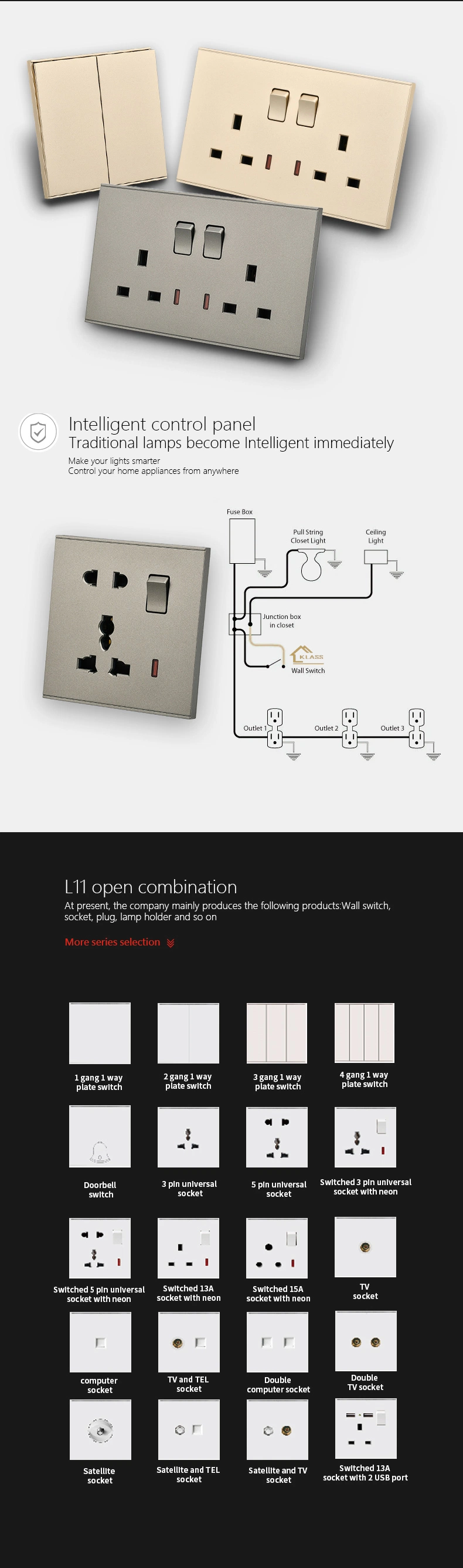 Factory Made CE/BS Approved PC Panel Electrical UK Standard 1gang 2gang 3gang 4gang Push Button Switch 16ax Electric Power Light Wall Switch