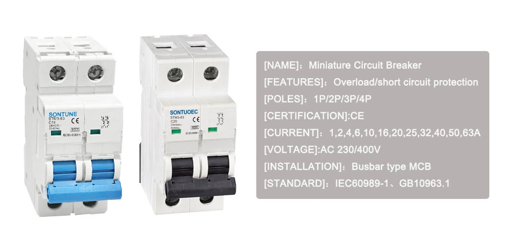 Busbar Connection Wire Type Stm3-63 Double Pole 6ka MCB Circuit Breaker