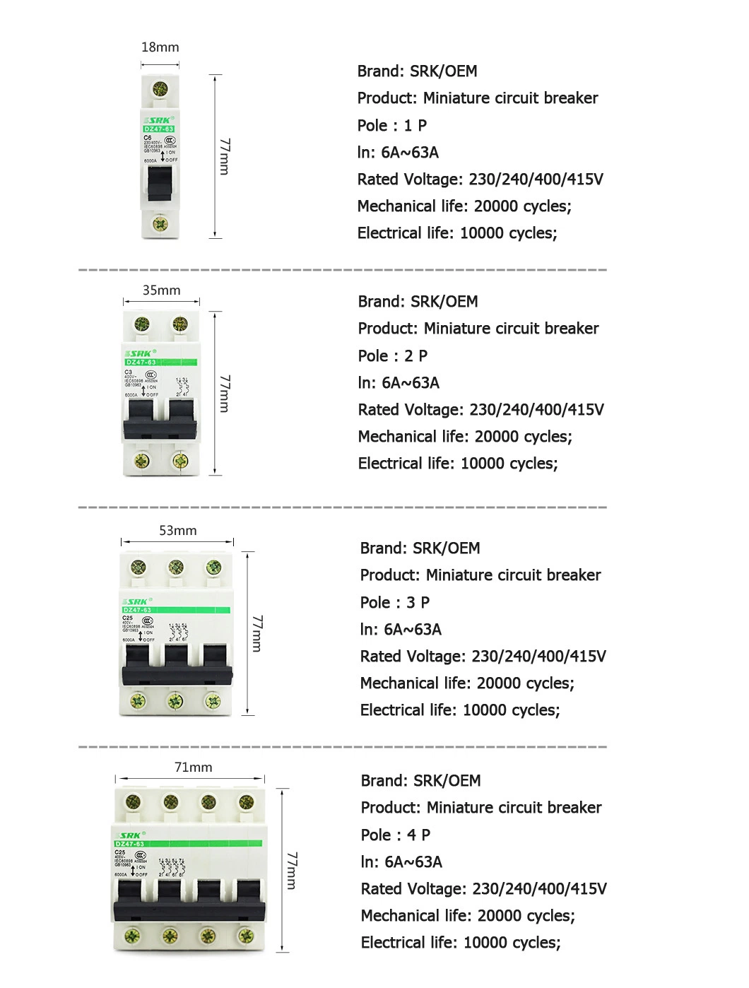 2-Year Warranty DIN Rail Dz47-63 1p 2p 3p 4p 1A-63A MCB Mini Circuit Breaker