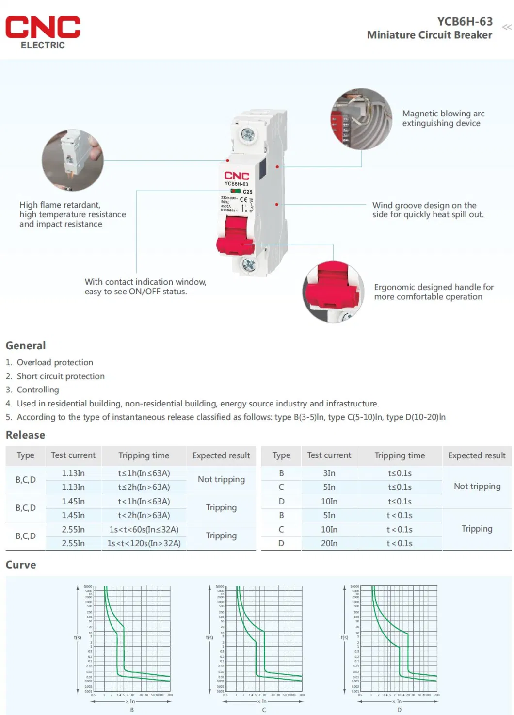 CNC Ycb6h-63 Series 6ka MCB 63A Electric Miniature Circuit Breaker 4.5ka 240/415V 1p 2p 3p 4p DIN Rail AC Mini Circuit Breakers