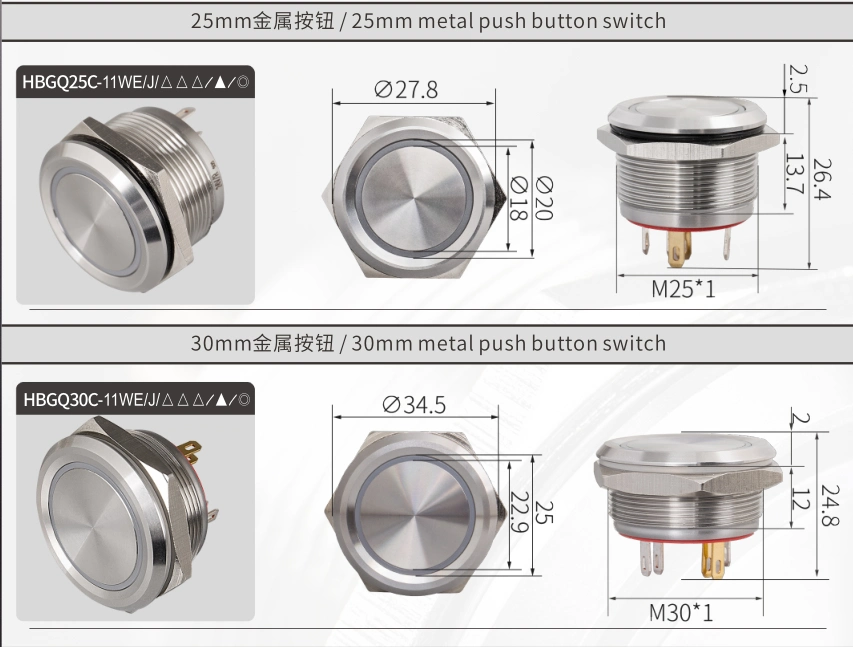 Stainless Pin 1no IP67 Mini Flat Round Head Button Micro Switches 22mm