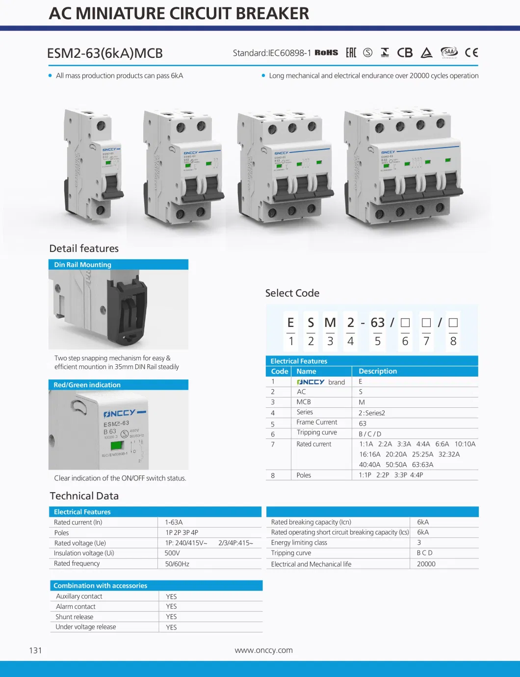 CE Approved Electric Type 1p 2p MCB 63A New Mini Circuit Breaker