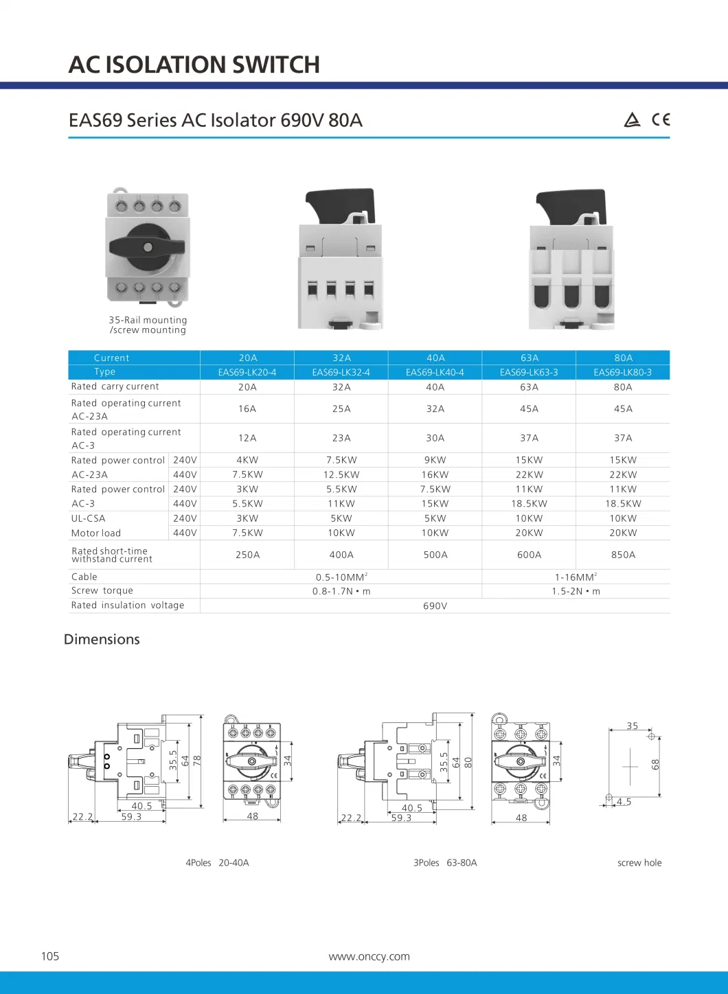 AC Isolator Enclosure Box 800V 16A-125A