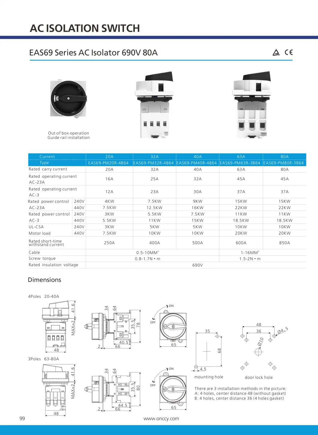 AC Isolator Enclosure Box 800V 16A-125A