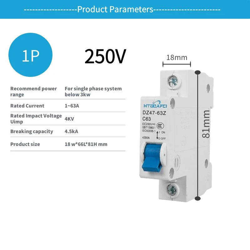 Solar PV System Use Top DC MCB Circuit Breaker 1p 2p 3p 4p Mini Miniature 250V 500VDC 600V 1000V 1000VDC 1200V 1500V 16A 25AMP 63A