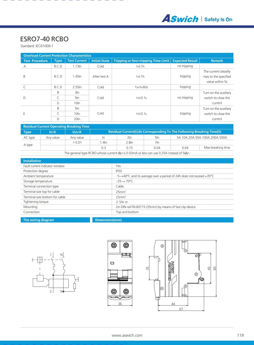 Aswich Esro 2p 40A Residual Current Circuit Breaker for Solar Electrical Safety