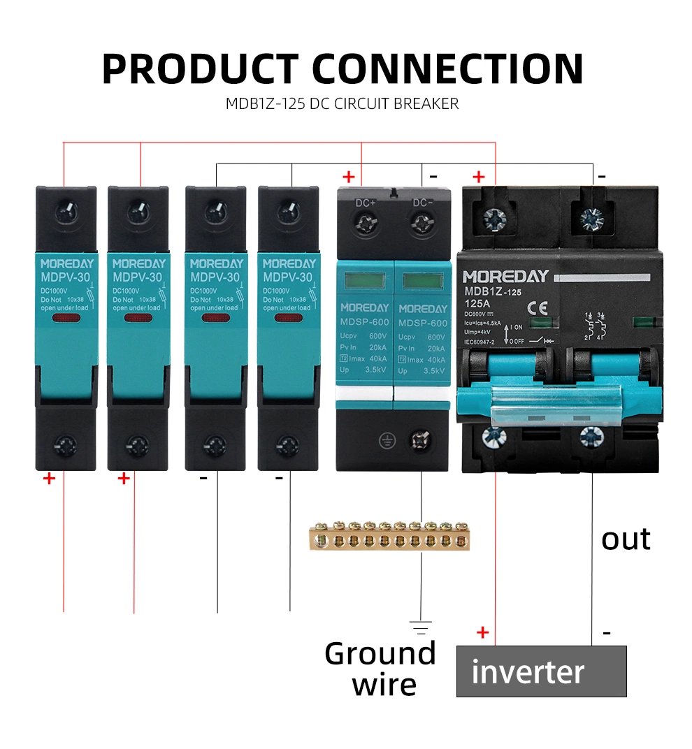 2p DC MCB 550V 800V 1000V 125A 100A 80A 63A 50A 20A 12V Circuit Breaker for PV System C Curve Battery Main Switch