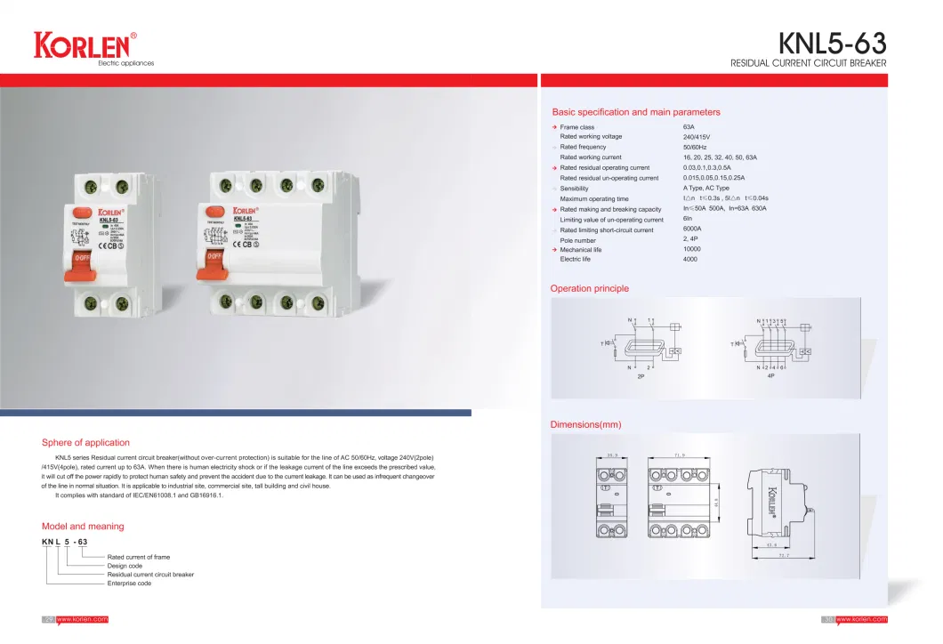 Prevent Electric Shock and Protect Family Safety RCCB Knl5-63 Residual Current Circuit Breaker 30 100 300 500mA with Ce CB Semko Sirim