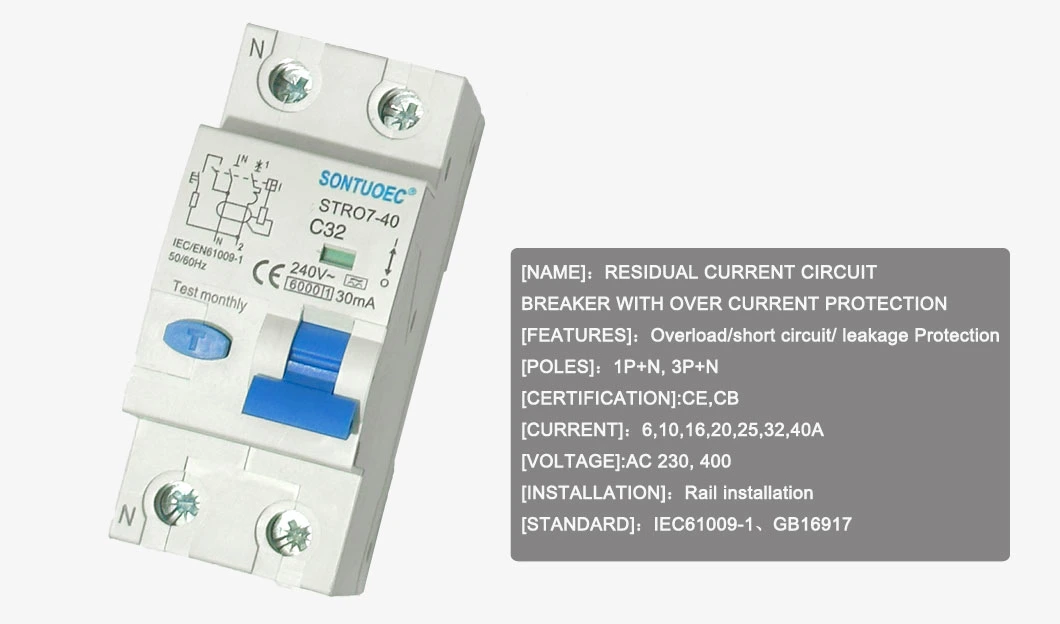 Single Phase RCBO Circuit Breaker, IEC/En61009 Standard Thermal Magnetic Circuit Breaker