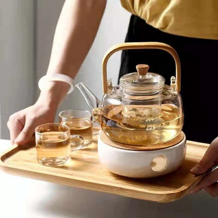 High Temperature Resistant Glass Tea Pot Set 5 PCS Tea Set with Wooden Tray Transparent Glass Flower Tea Pot