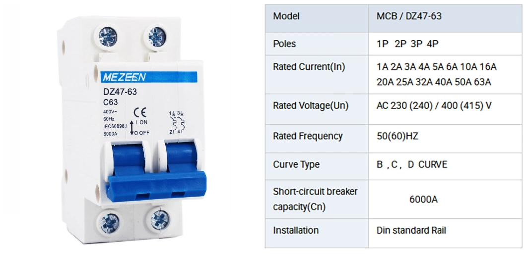 CE Electric Two-Phase Miniature Circuit Breaker Mezeen MCB 10A 20A 25A