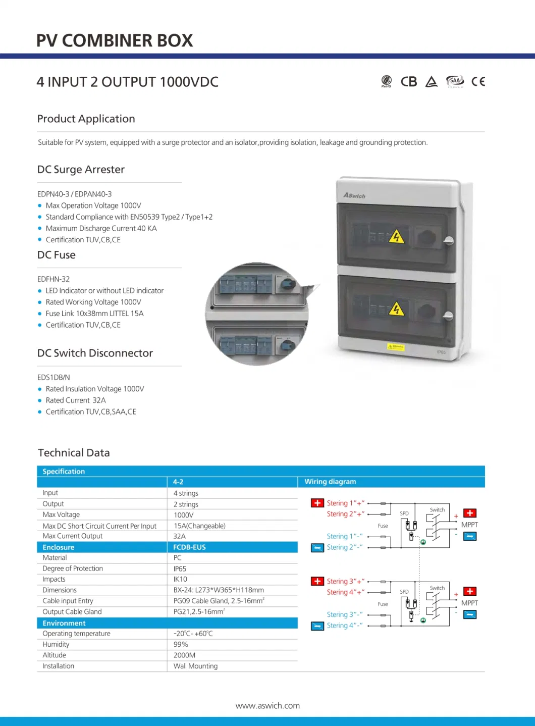 Solar DC PV Combiner Box Junction Box 6 Strings Input 2 Output IP65 with Isolator Fuse SPD