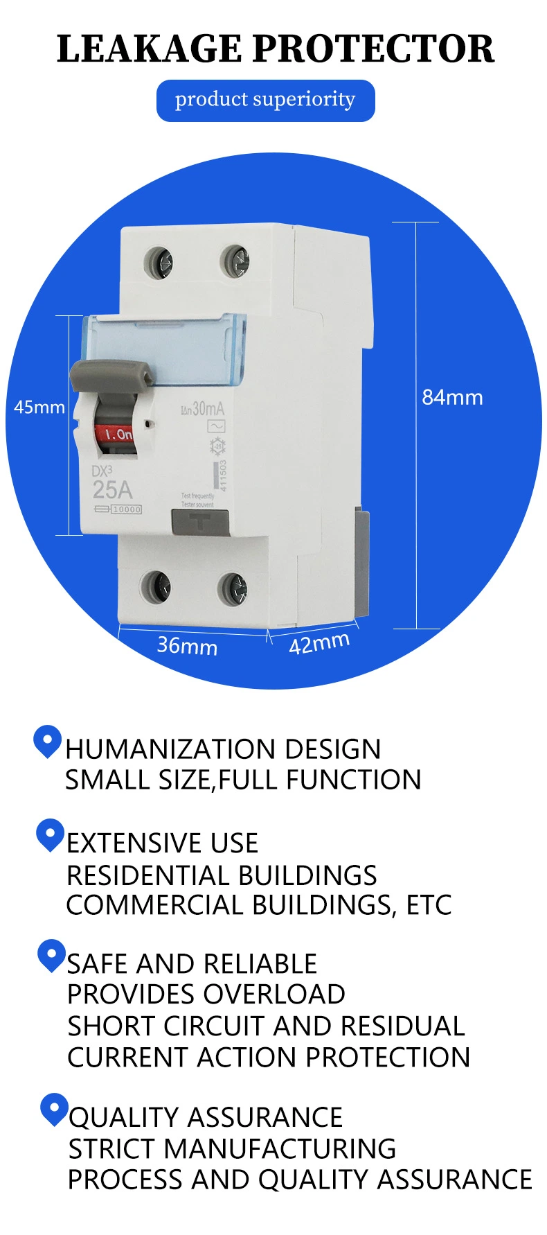 Dx3 AC Residual Breakers ELCB Circuit Breakers RCCB 40A63A 2p4p 30mA 300mA Earth Leakage