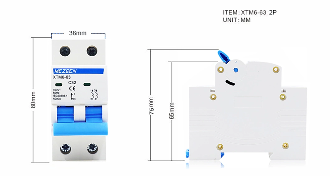 MCB 2 Pole 32AMPS 1-63A AC DC Mini Circuit Breaker