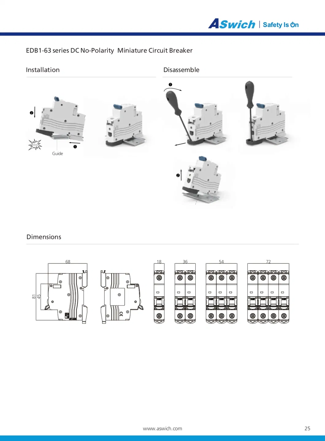 IEC60947 Edb1-63 C63 1-63 AMP 500VDC 2 Poles Miniature Circuit Breaker Overload Protector DC MCB