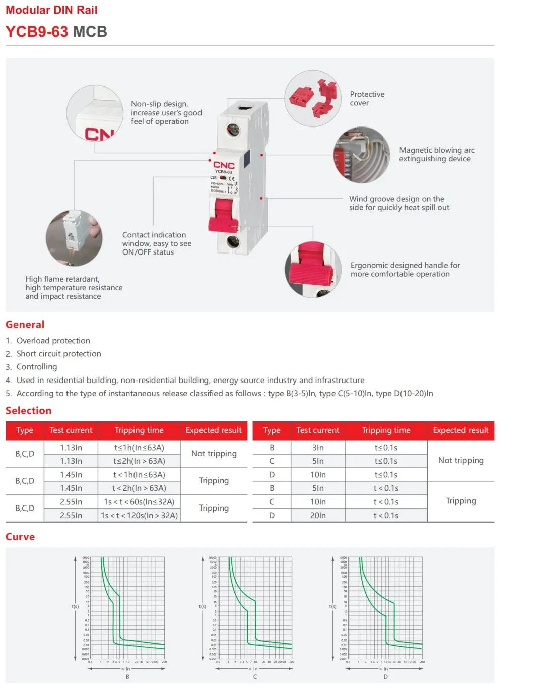 Non-Slip Design Ycb9-63 1p 2p 3p 4p 230/400v Ac 16a 25a 32a 63a 6ka Air Mini Circuit Breaker Mcb