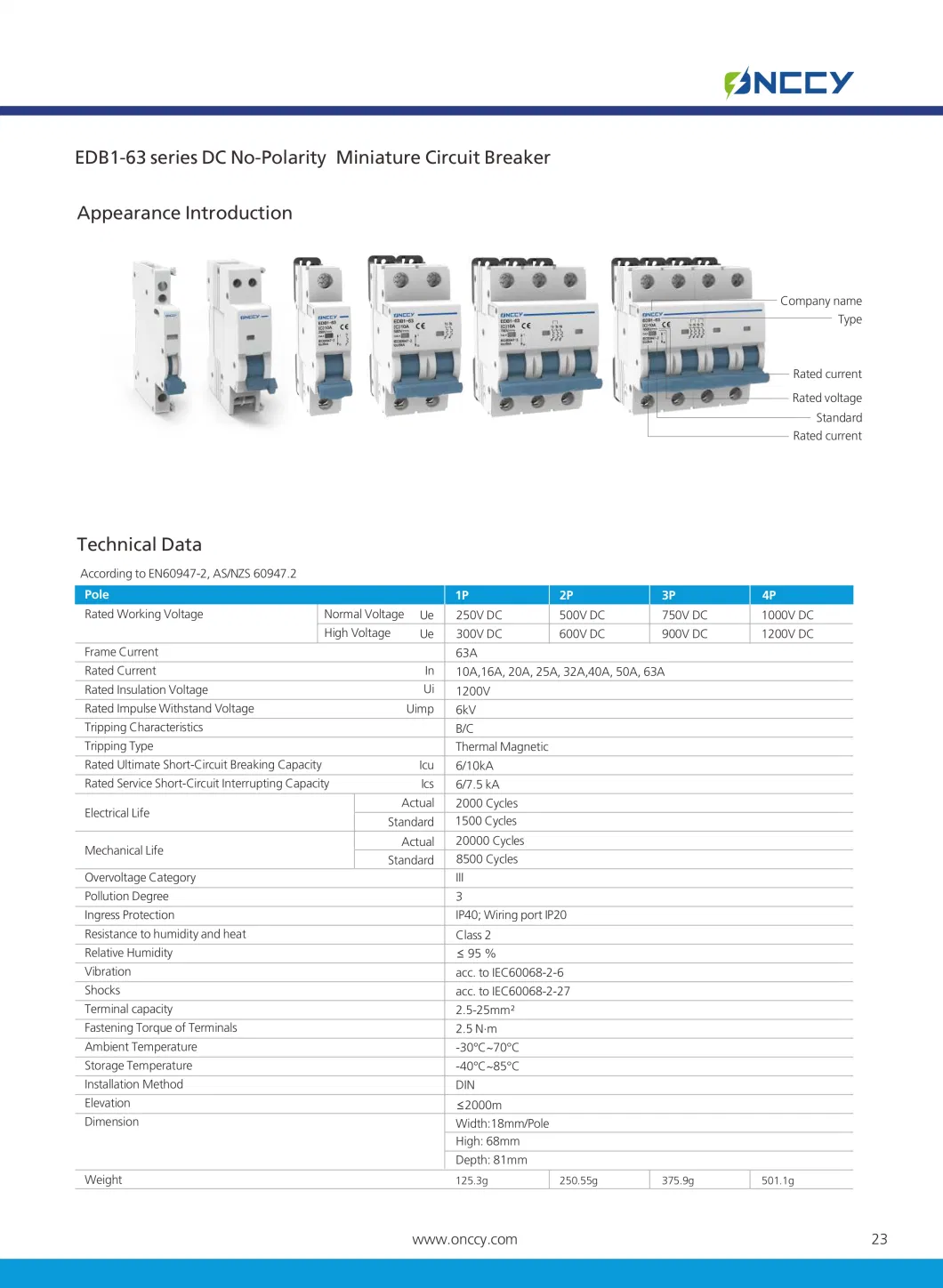 250V 500V 750V 1000V AC DC Miniature Circuit Breaker MCB