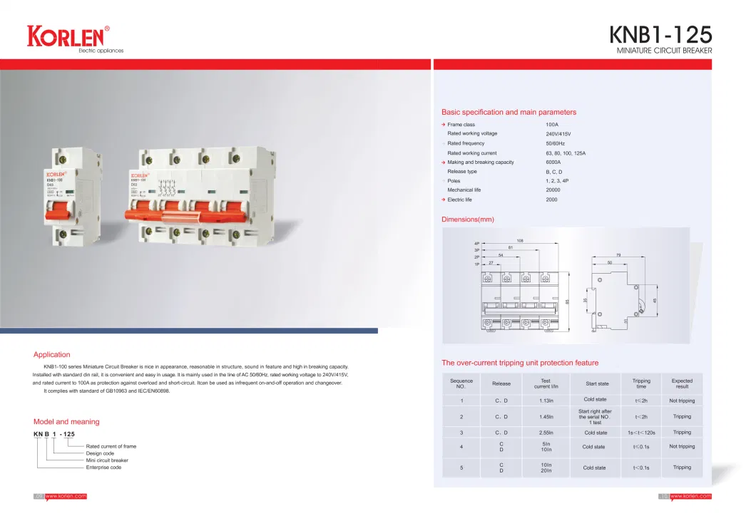 New Type Circuit Breaker Knb1-125 Nc Type 10ka MCB