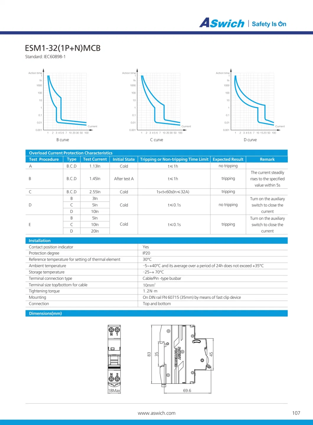 Esm1-63 Series 10ka MCB 63A Electric Miniature Circuit Breaker Esm2-63 6ka 240/415V 1p 2p 3p 4p DIN Rail AC Mini Circuit Breakers