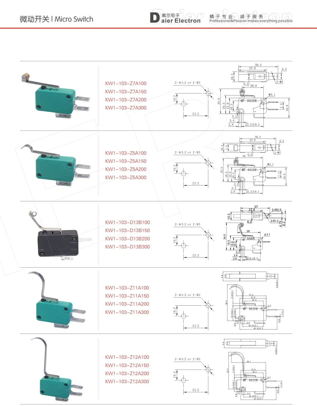 No Lever Kw3 Sensitive 3 Pin 16A 250V Micro Switch