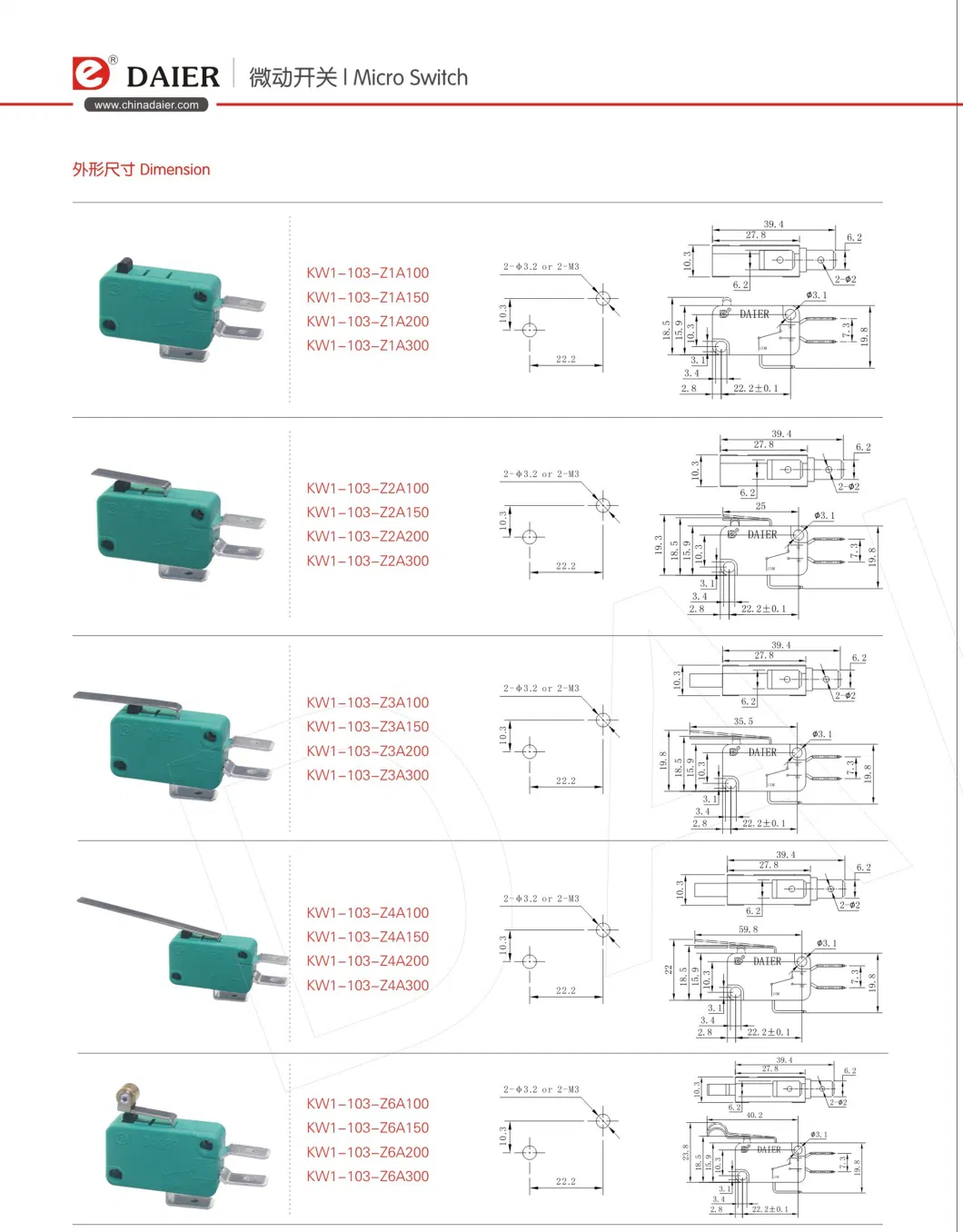 No Lever Kw3 Sensitive 3 Pin 16A 250V Micro Switch