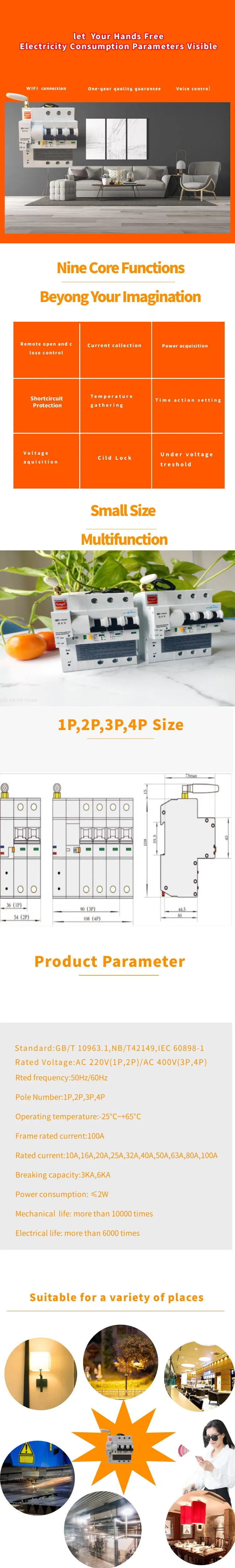 Google 3p4p Tuya WiFi Smart Circuit Breaker Energy Monitoring and Meter Home Function for Alexa Mini OEM Electric Breaker Rsl485