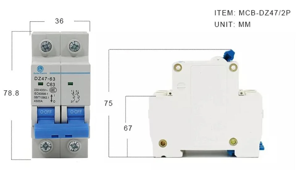 Dz47-63 6ka 1 Pole 63A Electrical Low Voltage MCB Miniature Circuit Breaker