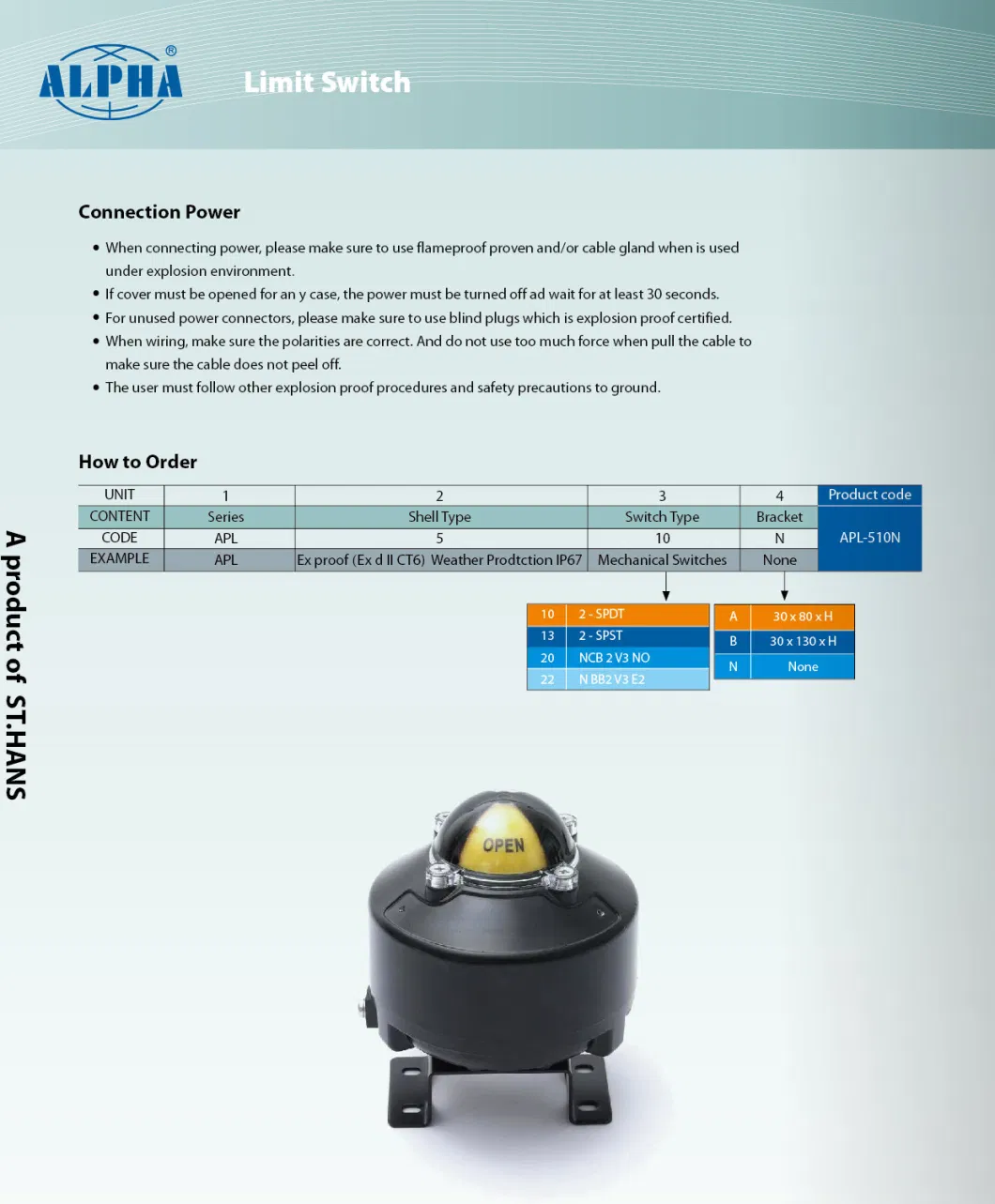 IP68 Alpha Apl510 Limit Switch Box for Flow Control Used in Valve