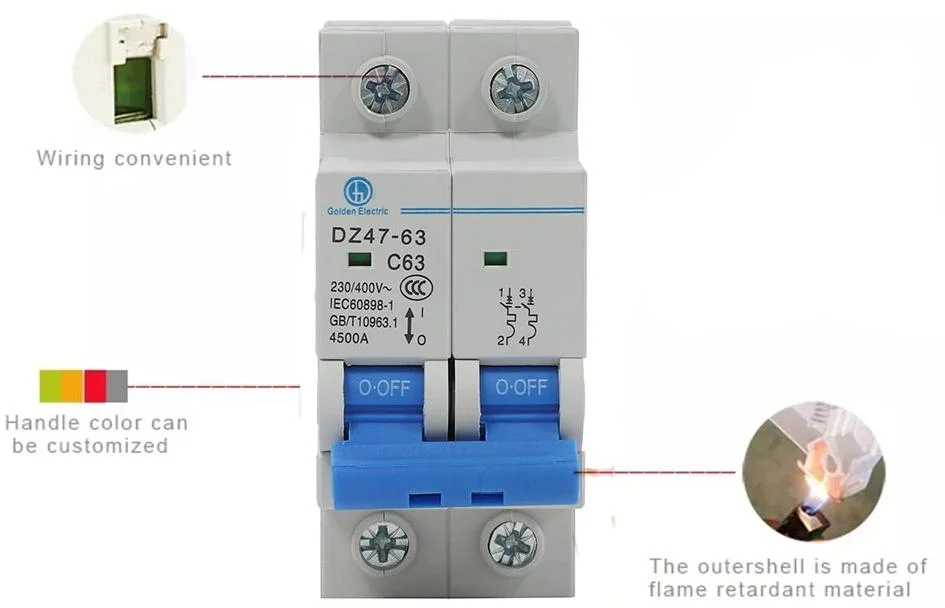 Dz47-63 6ka 1 Pole 63A Electrical Low Voltage MCB Miniature Circuit Breaker