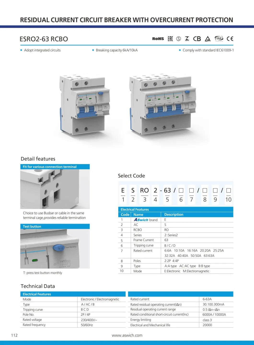 RCBO Breaker, , Earth Leakage, 2p, C Curve, 20A, 30mA, 240 V, 240 V AC 50/60 Hz