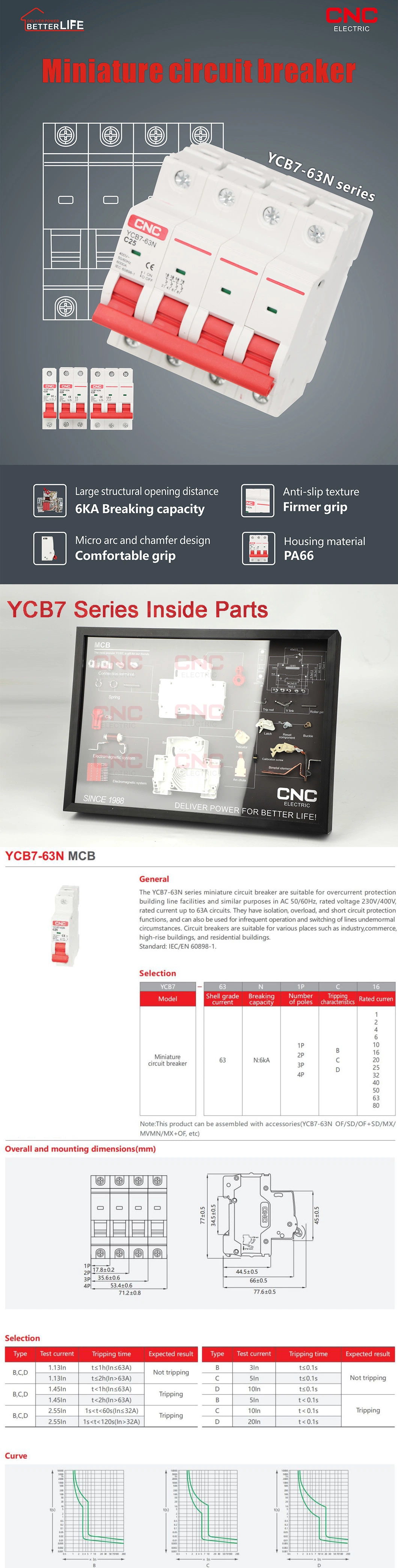 Ycb7-63n Series 6ka 230/400V AC MCB 25A 32A 63A Electric Miniature Circuit Breaker