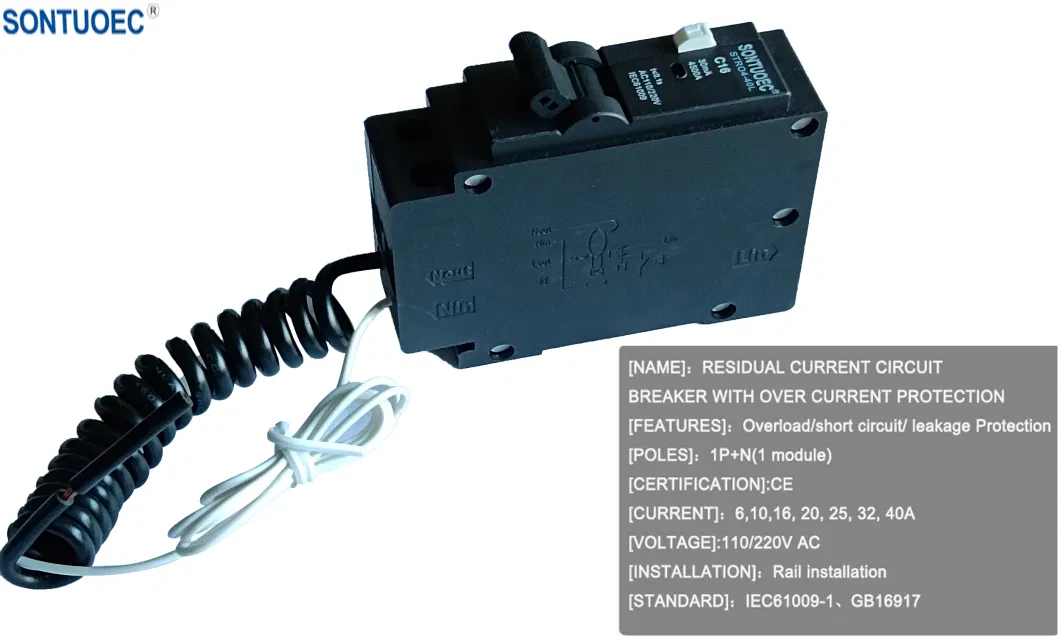 6ka 1p+N Plug in Type RCBO Black Color Circuit Breaker IEC61009.1 Standard