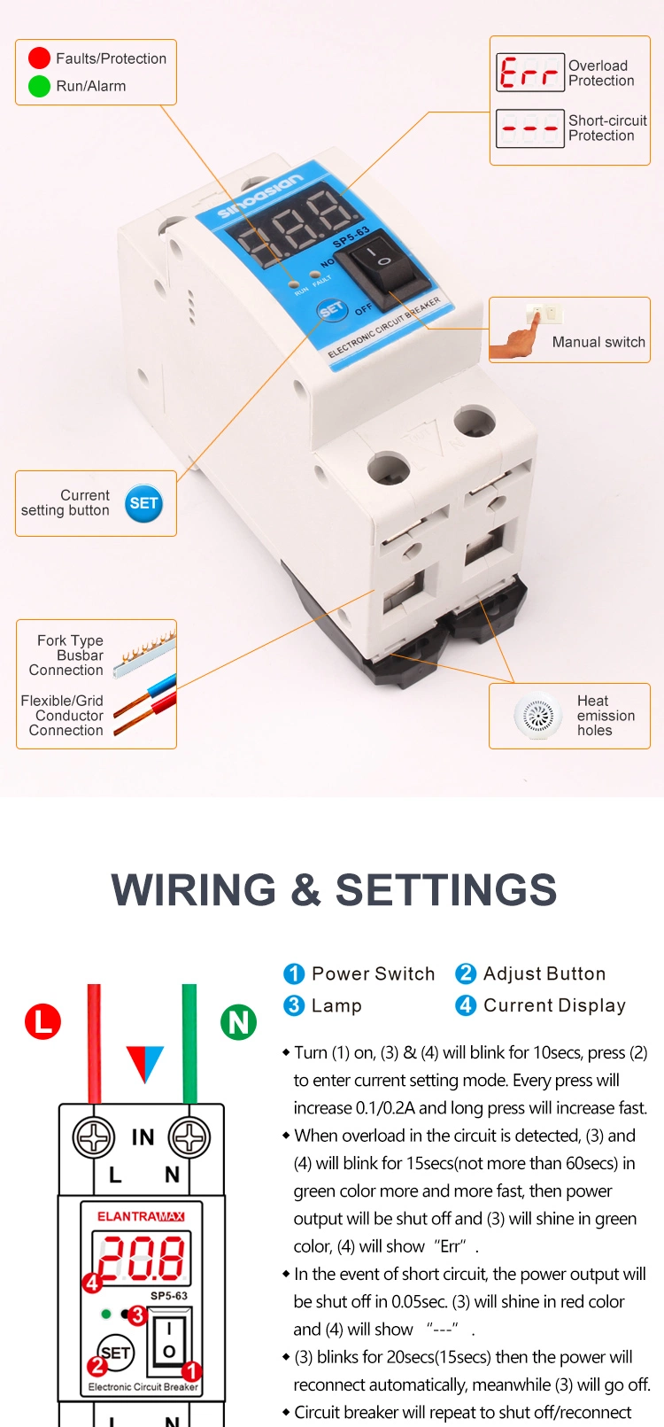 2-Year Warranty High Quality DIN Rail Mount 2p 63A Electronic Circuit Breaker for Generator Overload Current Protection