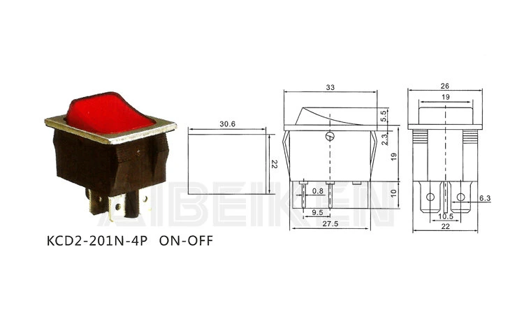 Kcd2-201n 4p Dpdt Mini Light Illumination 220V on-off Rocker Switch