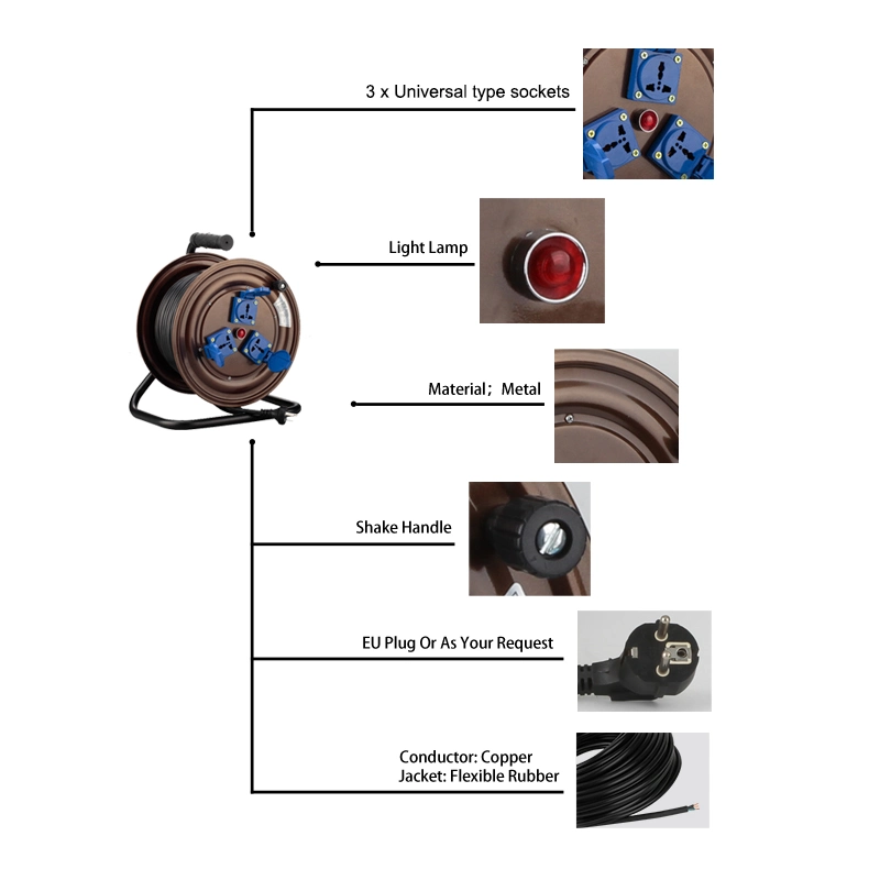 EU Type Mini Cable Reel 10m 4 Contact Sockets 2500W-3680W 10-16A/ 250V Electric Retractable Extension Cord Reel with Switch