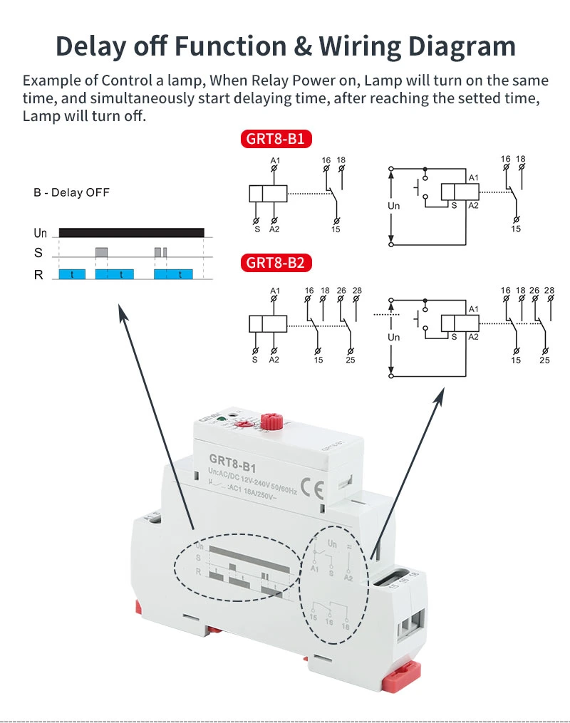 Geya Grt8-B2-AC/DC12V~240V Electronic Time Relay 16A AC/DC 12V-240V DIN Rail Time Delay Relay Mini Timer Relay 12V DC