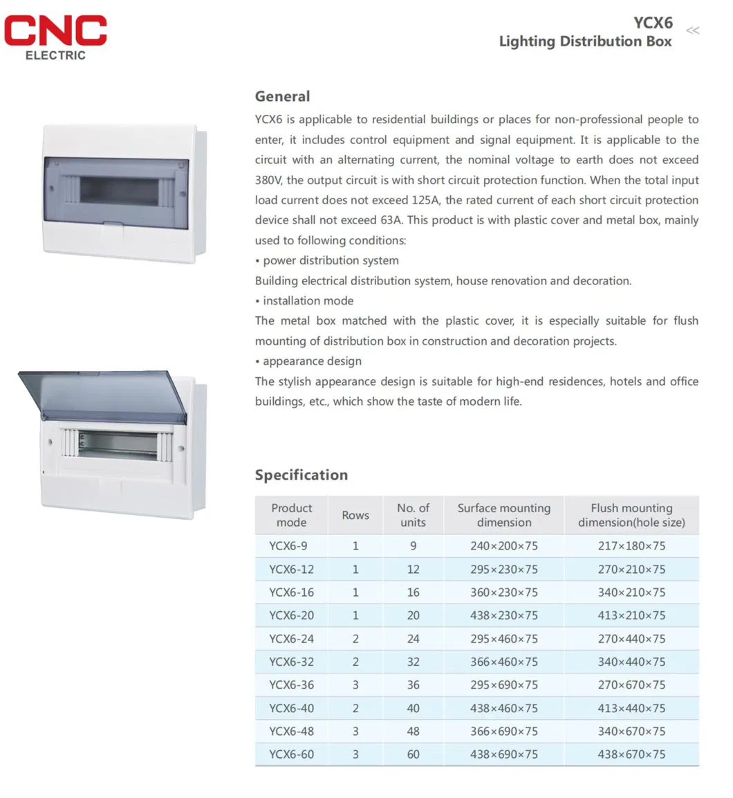 Factory IP56 Customized Surface Mount Junction Box Distribution Cabinet Ycx6 Waterproof Distribution Board