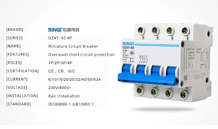 Singi Dz47-63 4p C16 Performance Heat Resistant University MCB Circuit Breaker