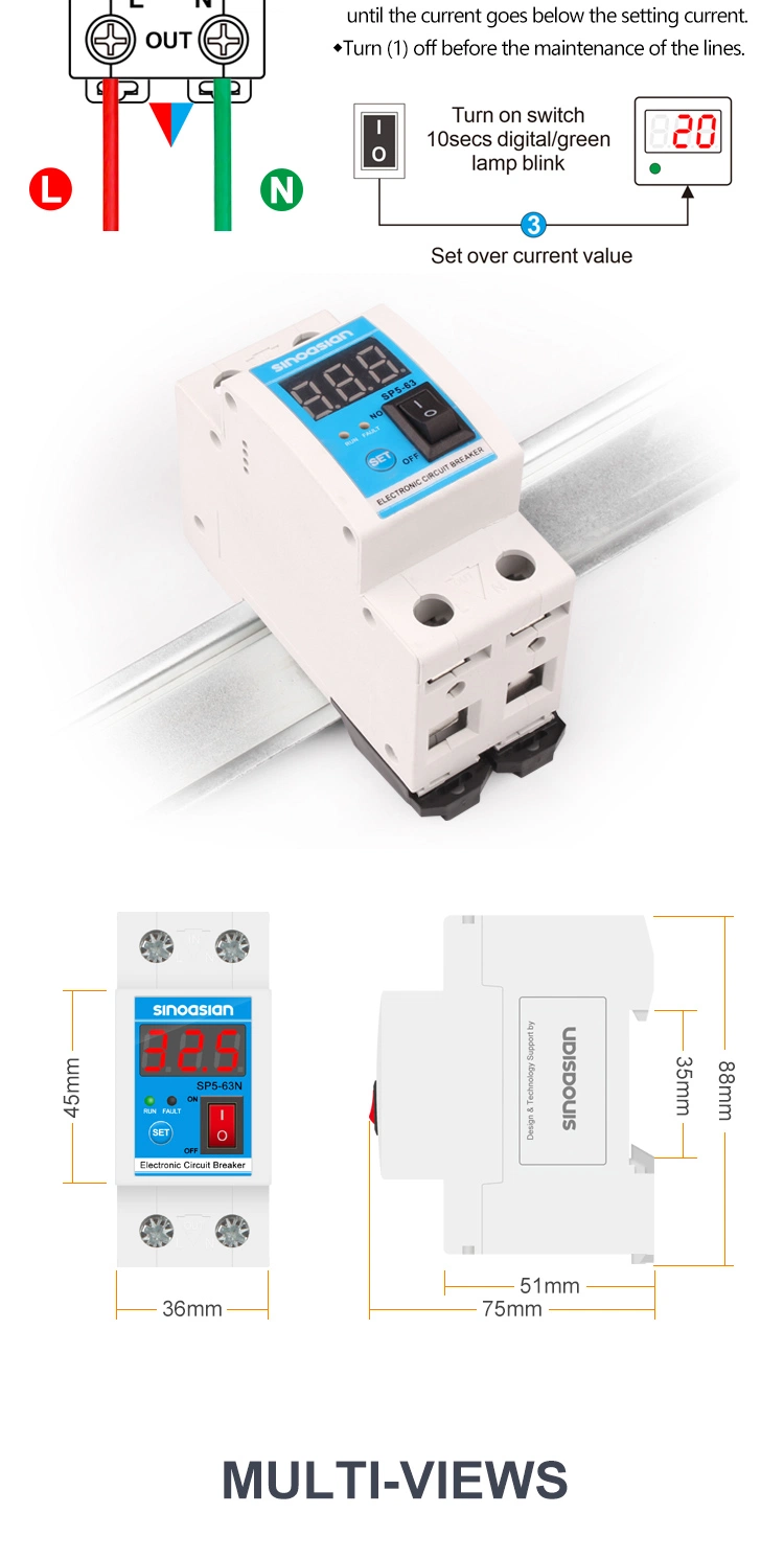 2-Year Warranty High Quality DIN Rail Mount 2p 63A Electronic Circuit Breaker for Generator Overload Current Protection