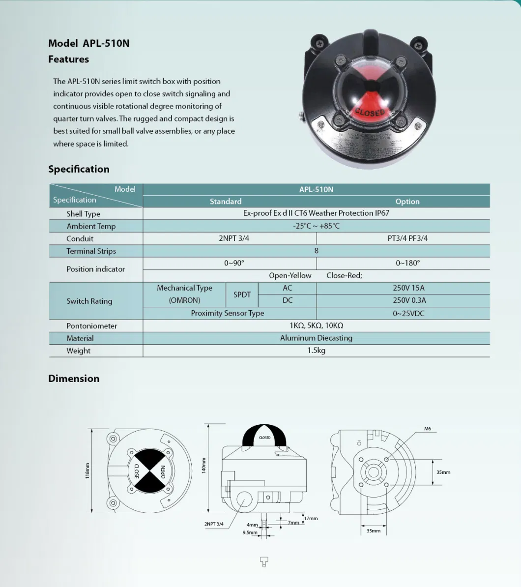 IP68 Alpha Apl510 Limit Switch Box for Flow Control Used in Valve