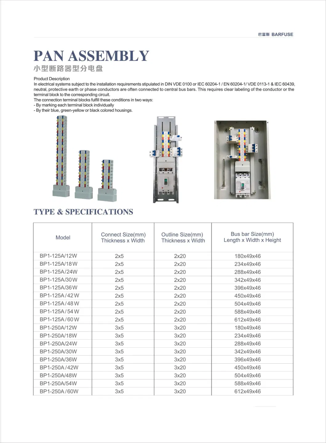 125A/250A MCB Incomer Busbar Pan Assembly