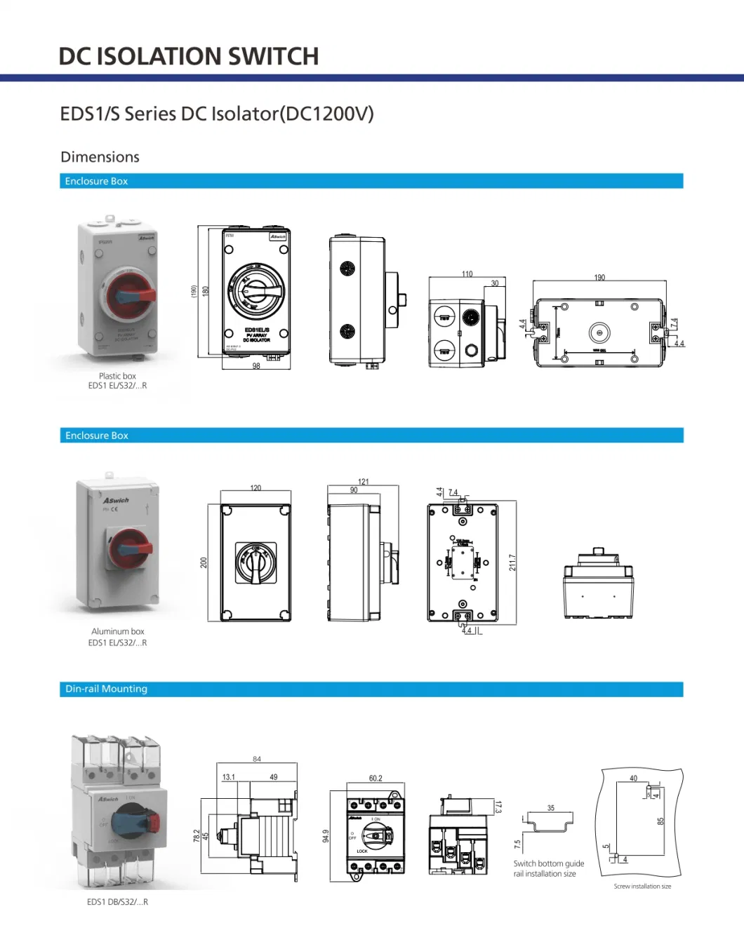 Outdoor Safety 32A 1200V 3p 4p Mini Rotary Solar Power DC Isolator Switch