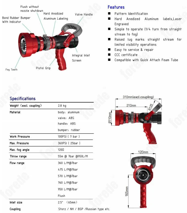 950 Lpm 2.5 Inch Spray Jet Fire Hose Nozzle for Fire Hydrant