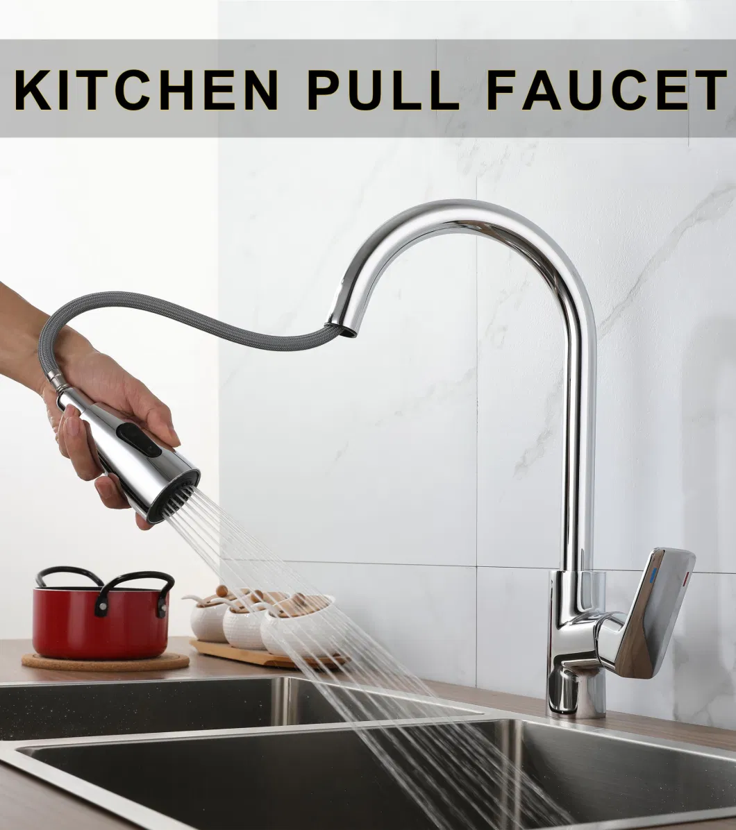 Kitchen Draw All Copper Body Hot and Cold Black Faucet Hidden Sprinkler