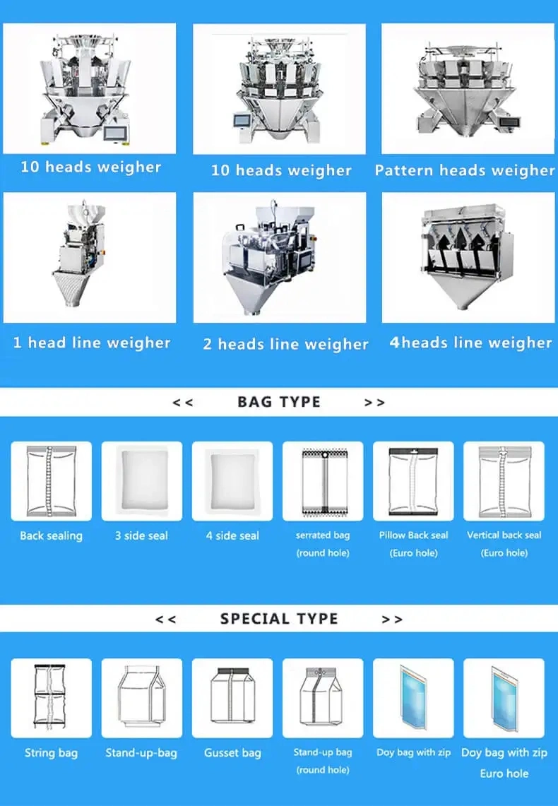 Snacks Multiheads Weigher Packing Machine to Pack Chips Soya Chunks Multi Head Full Packaging Machine for Soya Chunks