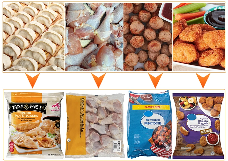 Vertical Dumplings Chicken Leg Wing Nugget Frozen Fish Beef Ball Packaging Machine Fresh Food Salad Frozen Vegetable Sugar Salt Rice Packing Machine