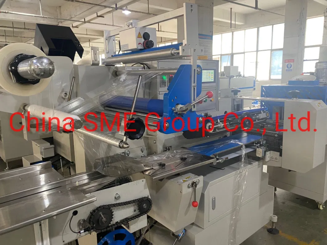 Automatic Servo Lunch Meal Box Heat Shrink Film Flow Pillow Wrapping Packing Machine with Feeder