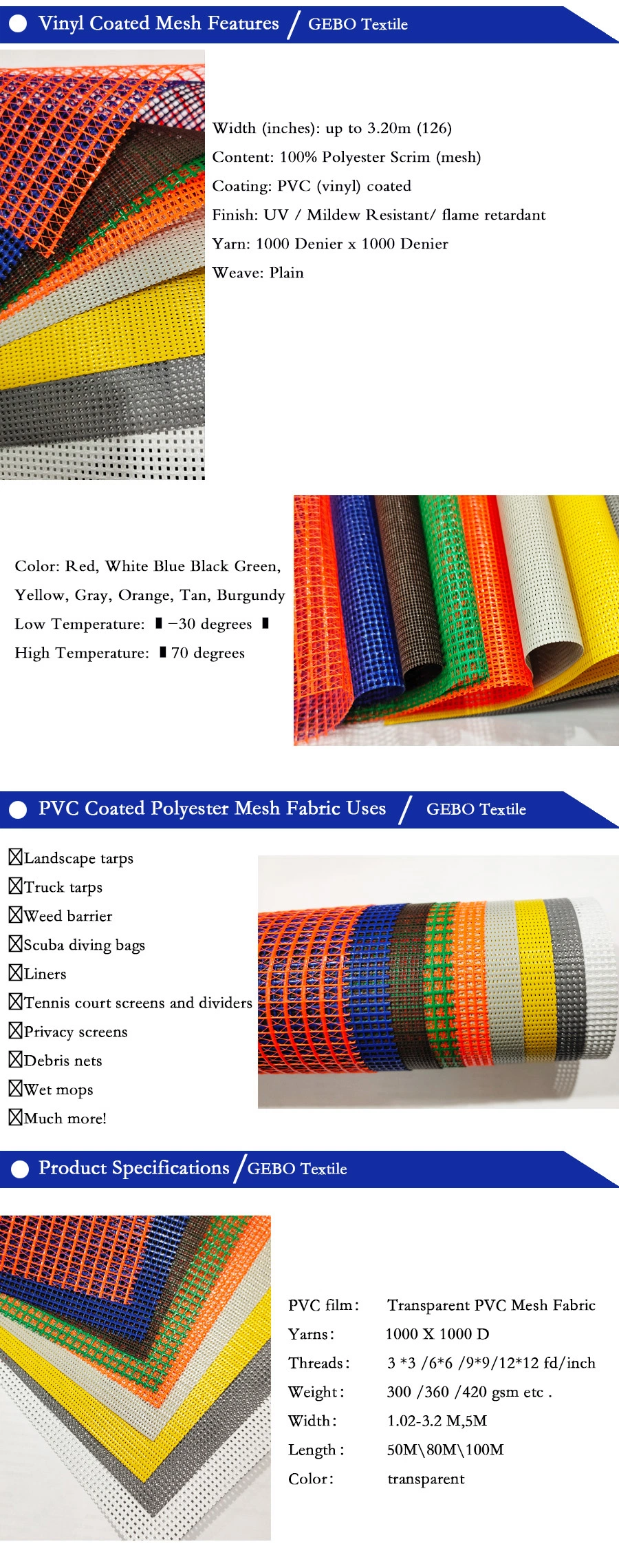 100% Polyester Mesh Fabric Roll Vinyl Tarp PVC Coated Tarpaulin